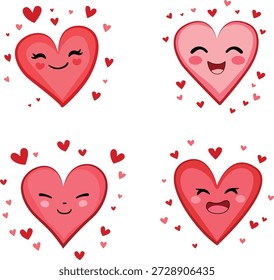 Cute Smiling Heart Characters Set with Happy Emotions for Valentine’s Day designs, love messages, stickers, social media posts, children’s graphics, romantic branding, and joyful greeting cards.