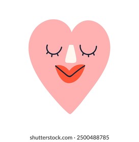 Cute smiling heart with closed eyes, feeling love. Adorable romantic funny character, emoji for Valentine's day. Happy tender face expression. Flat vector illustration isolated on white background