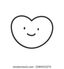 Cute smiling heart icon. Hand drawn monochrome illustration of a heart shape with smiling face isolated on a white background. Kawaii St. Valentine day sticker. Vector 10 EPS.