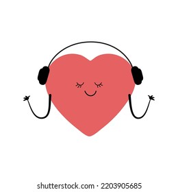 Corazón sonriente y agradable aislado en un fondo blanco. El corazón en los audífonos escucha música. Ilustración del personaje de dibujos animados.