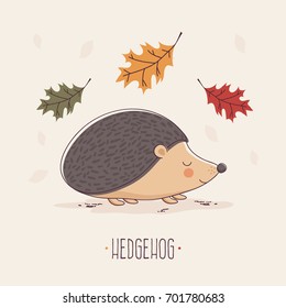 Cute Smiling Hedgehog with Falling Leaves and Text. 