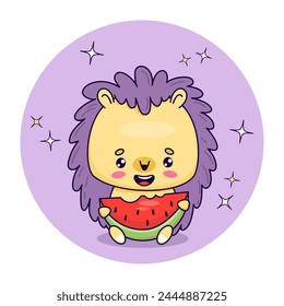 Cute smiling hedgehog with piece of watermelon. Vector illustration. Funny cartoon kawaii animal character. Kids collection