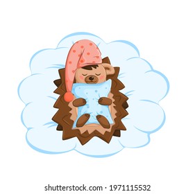 A cute smiling hedgehog in a red nightcap sleeping on an air cloud. He holds a blue pillow in his paws. Childrens illustration. Cartoon style. Vector illustration