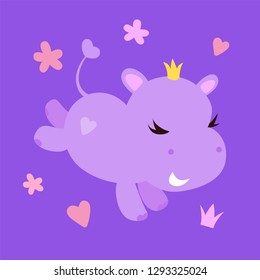 Cute smiling hippo character with crown isolated on awesome background with hearts , crown and stars. Simple clean cartoon vector design.