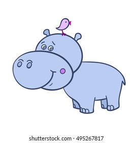 Cute smiling Hippo with a pink bird on his head.The isolated image on a white background.Vector illustration of cartoon hippopotamus.The picture for children.