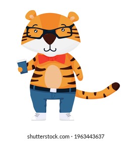 Cute smiling hipster tiger character. Vector illustration for postcards, banners and more.
