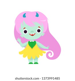 Cute Smiling Horned Troll Girl, Happy Fantasy Creature Character with Long Pink Hair Vector Illustration