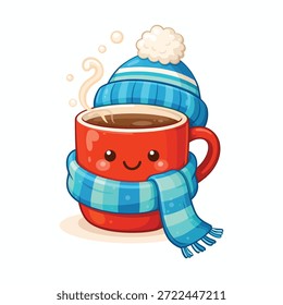 Taza de café caliente sonriente linda que lleva el sombrero del invierno y la ilustración de la historieta de la bufanda