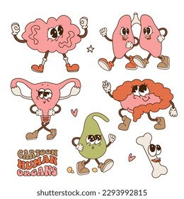 Cute smiling human healthy strong organ chsracters set. Vector retro cartoon illustration Isolated on white background. Brain, lungs, intestine,uterus organ, bone and gallbladder mascots.