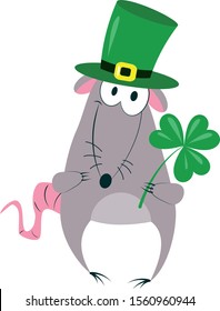 
Cute smiling ireland gray rat in a leprechaun hat of St. Patrick holds a green clover leaf shamrock in its paws on a white isolated background