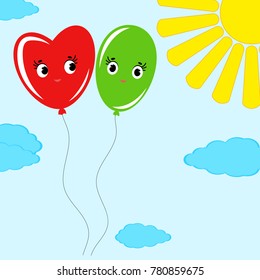 cute smiling isolated colored balloons on a blue background with clouds and a yellow sun. Simple flat vector illustration. Suitable for decoration of greeting cards, magazines.