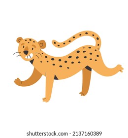 Cute smiling jaquar, exotic jungle animal with friendly facial expression, african wildlife, flat vector illustration, vector clip art isolated on white background