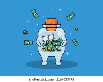Cute smiling jar with money in flat style. Save money and coins. Vector illustration