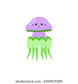 Cute smiling jellyfish with eyes and tentacles. Kawaii style. Rhizostoma. Violet-green color. Sea resident. Ocean ecosystem. Vector illustration isolated on white background.