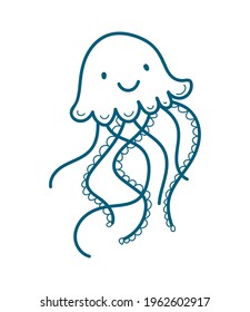 Cute smiling jellyfish. Hand drawn vector illustration in cartoon style. Outline icon isolated on a white background.