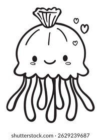 Cute Smiling Jellyfish with Hearts - Kawaii Sea Animal Coloring Page