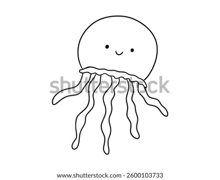 Cute smiling jellyfish, line sea animal doodle illustration for children. Vector nautical drawing for coloring book