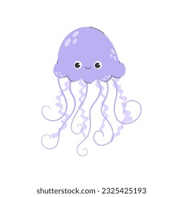 Cute smiling jellyfish or medusa. Funny underwater jelly fish with eyes. Childish colored flat cartoon vector illustration. Sea life with tentacles. Vector stock illustration.