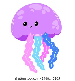 Cute smiling jellyfish or medusa. Funny underwater jelly fish with eyes. Childish colored flat cartoon vector illustration of submarine invertebrate creature