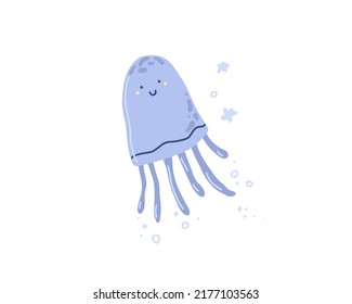 Cute smiling jellyfish or medusa in Scandinavian style. Happy funny sea, ocean animal, underwater creature character. Childish Scandi flat vector illustration isolated on white background