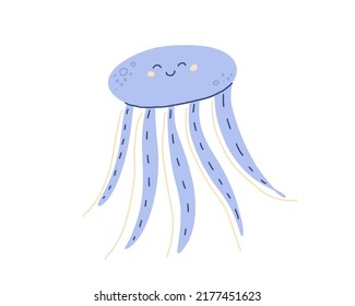Cute smiling jellyfish or medusa in Scandinavian style. Happy funny sea, ocean dwaller, underwater creature character. Kids cartoon vector illustration isolated on white background