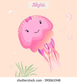 Cute smiling jellyfish. Print for children's wear, greeting cards, menu, wallpaper, decoration. Vector Illustration