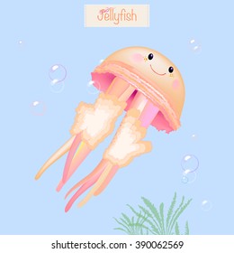 Cute smiling jellyfish. Print for children's wear, greeting cards, menu, wallpaper, decoration. Vector Illustration