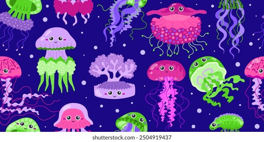 Cute smiling jellyfishes with big eyes floating in water with bubbles. Seamless pattern. Cartoon style. Bright, colorful. Ocean ecosystem. Sea animal. Vector illustration isolated on white background.