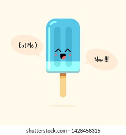 Cute smiling kawaii blue ice cream. Hot summer time. Eat me now cold food flat vector illustration