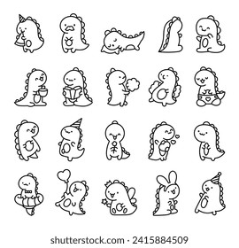 Cute smiling kawaii dinosaur. Coloring Page. Cartoon funny dino characters. Hand drawn style. Vector drawing. Collection of design elements.
