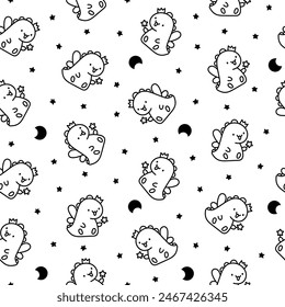 Cute smiling kawaii dinosaur. Seamless pattern. Coloring Page. Cartoon funny dino characters. Hand drawn style. Vector drawing. Design ornaments.