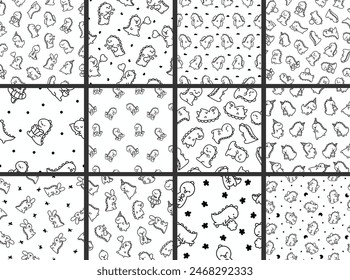 Cute smiling kawaii dinosaur. Seamless pattern. Coloring Page. Cartoon funny dino characters. Hand drawn style. Vector drawing. Collection of design ornaments.