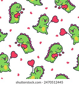 Cute smiling kawaii dinosaur. Seamless pattern. Cartoon funny dino characters. Hand drawn style. Vector drawing. Design ornaments.