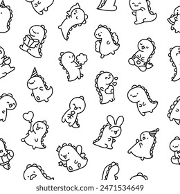 Cute smiling kawaii dinosaur. Seamless pattern. Coloring Page. Cartoon funny dino characters. Hand drawn style. Vector drawing. Design ornaments.