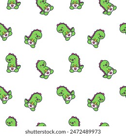 Cute smiling kawaii dinosaur. Seamless pattern. Cartoon funny dino characters. Hand drawn style. Vector drawing. Design ornaments.