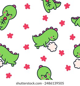 Cute smiling kawaii dinosaur. Seamless pattern. Cartoon funny dino characters. Hand drawn style. Vector drawing. Design ornaments.