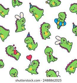 Cute smiling kawaii dinosaur. Seamless pattern. Cartoon funny dino characters. Hand drawn style. Vector drawing. Design ornaments.