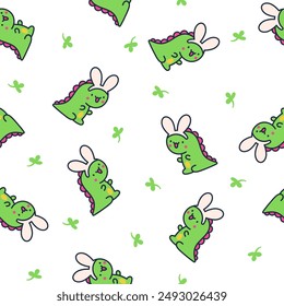 Cute smiling kawaii dinosaur. Seamless pattern. Cartoon funny dino characters. Hand drawn style. Vector drawing. Design ornaments.