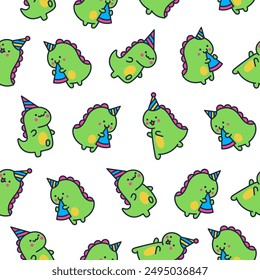 Cute smiling kawaii dinosaur. Seamless pattern. Cartoon funny dino characters. Hand drawn style. Vector drawing. Design ornaments.