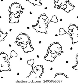 Cute smiling kawaii dinosaur. Seamless pattern. Coloring Page. Cartoon funny dino characters. Hand drawn style. Vector drawing. Design ornaments.