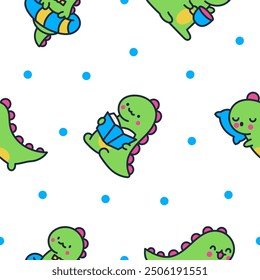 Cute smiling kawaii dinosaur. Seamless pattern. Cartoon funny dino characters. Hand drawn style. Vector drawing. Design ornaments.