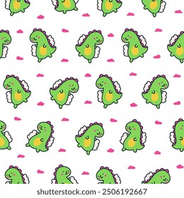 Cute smiling kawaii dinosaur. Seamless pattern. Cartoon funny dino characters. Hand drawn style. Vector drawing. Design ornaments.