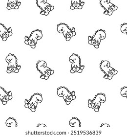 Cute smiling kawaii dinosaur. Seamless pattern. Coloring Page. Cartoon funny dino characters. Hand drawn style. Vector drawing. Design ornaments.