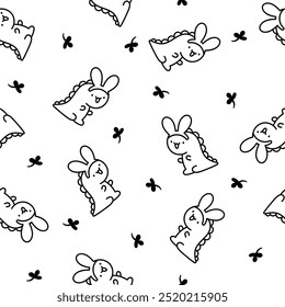 Cute smiling kawaii dinosaur. Seamless pattern. Coloring Page. Cartoon funny dino characters. Hand drawn style. Vector drawing. Design ornaments.