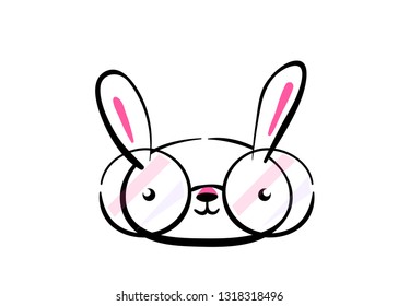 Cute smiling kawaii easter bunny face with glasses. Happy easter greeting background. Vector illustration in hand drawing sketch outline hipster style. Isolated on white backdrop.