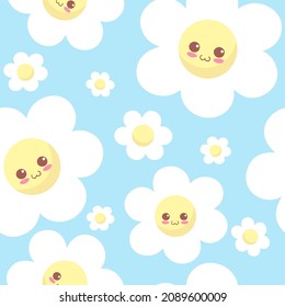 Cute smiling kawaii flowers on blue background. Funny seamless pattern in light colors. Vector cartoon character illustration. Adorable chamomile flower. Vintage repeating background concept for kids.