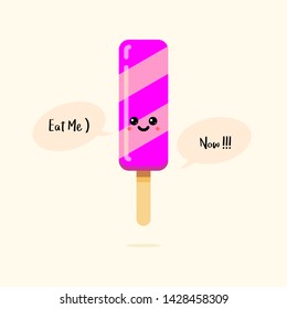 Cute smiling kawaii pink ice cream. Hot summer time. Eat me now cold food flat vector illustration