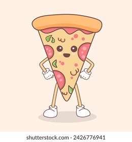 Cute smiling Kawaii cute Pizza Slice. Retro cartoon funny fast food character posters. Vintage street food pizza, pizza mascot vector illustration