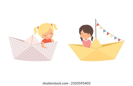 Cute Smiling Kid Sailing on Paper Boat with Flag Garland Vector Set