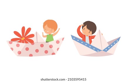 Cute Smiling Kid Sailing on Paper Boat Looking Ahead Vector Set